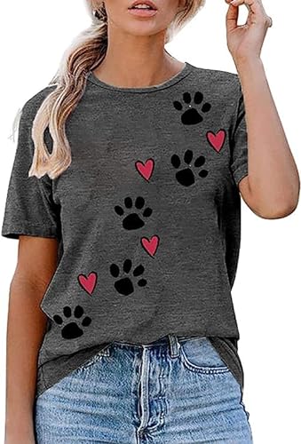 Hundepfoten-T-Shirts für Hunde, Mutter, Katze, Mama, lässiger Haustier-Fußabdruck, grafisches Oberteil für Frauen, Grau, XL von COLORFUL BLING