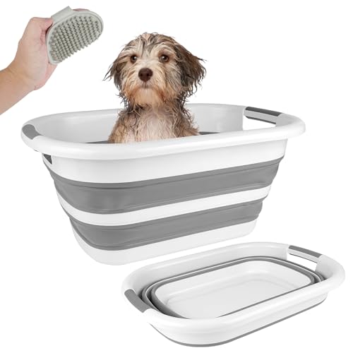 COM4SPORT Faltbare Hundebadewanne, 26 l, faltbare Haustier-Badewanne und Silikon-Duschbürste, Haustierwaschwanne für Welpen, kleine Hunde und Katzen von COM4SPORT