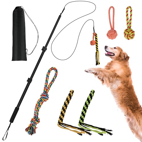 Flirtstange für Hunde, ausziehbare Hunde-Flirtstange mit abnehmbarem interaktivem Spielzeug, Hunde-Teaser Zauberstab mit Köder, Kauspielzeug für Outdoor-Übung und Training, interaktives Hundespielzeug von COM4SPORT