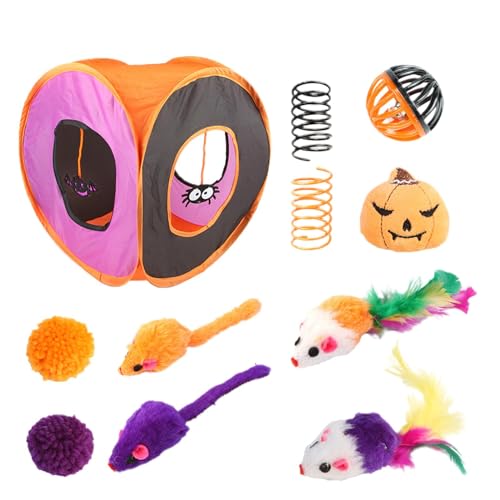Katzentunnelspielzeug-Set – interaktiver Federball, Federspielzeug, Katzeneimer | faltbares Katzenspielzeug | Katzentunnel für Halloween | quadratischer Falttunnel von COMFOLIVING