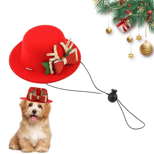 Weihnachtsrote Haustiermütze - Rote Haustiermützen Für Weihnachten | Klassische Rote Haustiermütze Mit Gummiband | Hundemützen Fliege Weihnachten Hirschmuster Haustiermützen | Niedliches Haustierkostü von COMFOLIVING