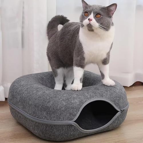 Großes Katzenbett,Donut Katzenbett Katzen -Tunnel Kratzfest und waschbarer und abnehmbares Filzkatze Donut Katze Versteck Vier Jahreszeiten verfügbare Katzennest,Rosa,Dark Grey von COMOCE