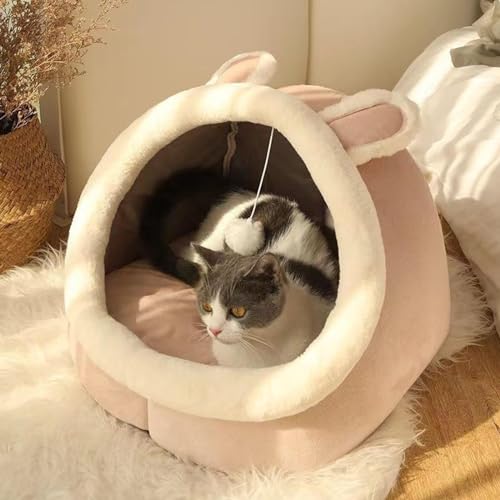 Katzenbett für Innenkatzen,Katzenhidne Höhlenbett Beruhigungsnest Katzenbett Katzenbett Höhle geschlossene Katze Nest gemütlich mit hängenden Spielzeug,Pink Rosa von COMOCE