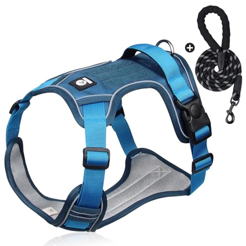 Reflektierendes Hundegeschirr,No Pull Hundegeschirr,Sports Hundegeschirr,Einstellbare Hundeweste, mit Frontclip und Leicht zu bedienendem Griff,Blue Blau-M von COMOCE