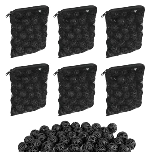 CONEHOY Bio-Filterbälle mit 6 Filtermedien, Netzbeutel mit Reißverschluss, 2,5 cm, schwarz, interne Bioball-Filtermedien für Teich, Aquarium, 600 Stück von CONEHOY