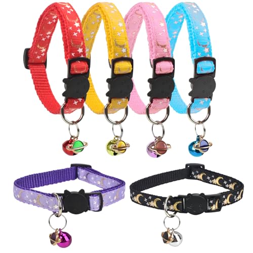 CONLI 6er-Pack Halsbänder mit Glocken für Sterne und Mond, Kätzchenhalsband mit verstellbarer Passform, Haustierhalsband Zubehör und Zubehör für Mädchen, Katzen, männliche Katzen, Kätzchen und Welpen CONLI 6er-Pack Halsbänder mit Glocken für Sterne und Mond, Kätzchenhalsband mit verstellbarer Passform, Haustierhalsband Zubehör und Zubehör für Mädchen, Katzen, männliche Katzen, Kätzchen und Welpen von CONLI