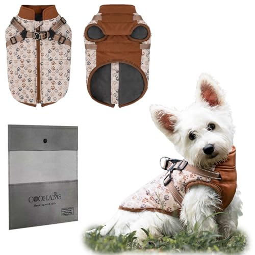 COOHAMS Hunde-Wintermantel für kleine mittelgroße Hunde, wasserdichter Winddichter Welpen-Schneeanzug, Fleecejacke, reflektierender Welpenmantel mit integriertem Geschirr (Paw Brown, 2XL) von COOHAMS