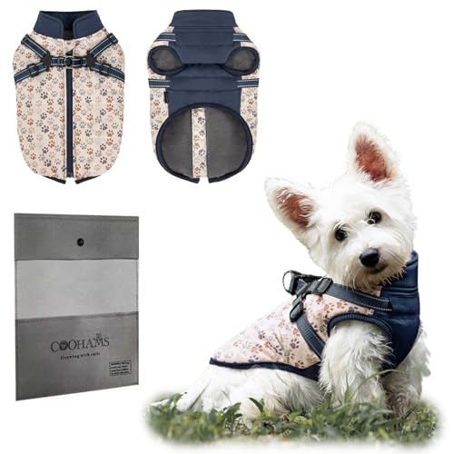 COOHAMS Hunde-Wintermantel für kleine mittelgroße Hunde, wasserdichter Winddichter Welpen-Schneeanzug, Fleecejacke, reflektierender Welpenmantel mit integriertem Geschirr (Pfotenblau, groß) von COOHAMS