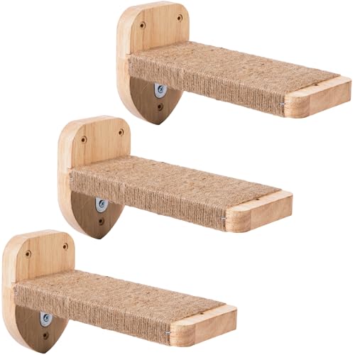 COOLEX 3 x Katzen-Wandstufen, Klettermöbel, Regale mit Hanfseil bedeckt, Massivholzleiter zum Spielen und Klettern (großes Holz) von COOLEX