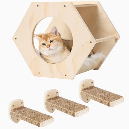 COOLEX Katzenwandregale, Katzenregale für Wand, Katzenwandmöbel, Katzenregal mit 3 Stufen Kratzbaum, Katzenbaum Hängematte mit Plüsch Wandmontage, Kletterregal Wandhalterung für Indoor Katzen (Holz) COOLEX Katzenwandregale, Katzenregale für Wand, Katzenwandmöbel, Katzenregal mit 3 Stufen Kratzbaum, Katzenbaum Hängematte mit Plüsch Wandmontage, Kletterregal Wandhalterung für Indoor Katzen (Holz) von COOLEX