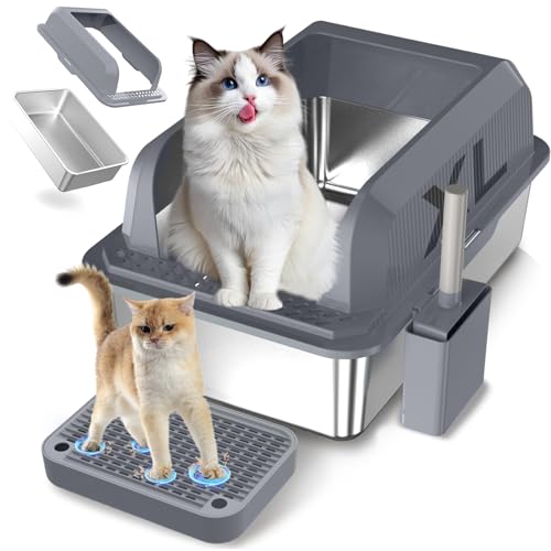 28L Edelstahl Katzenklo XXL Offen 60x40x30 cm mit Pedal & Schaufel, Auslaufsichere Katzentoilette Groß ohne Deckel für Große Katzen, Wohnzimmer Schlafzimmer (Dunkelgrau) von COOLYNX