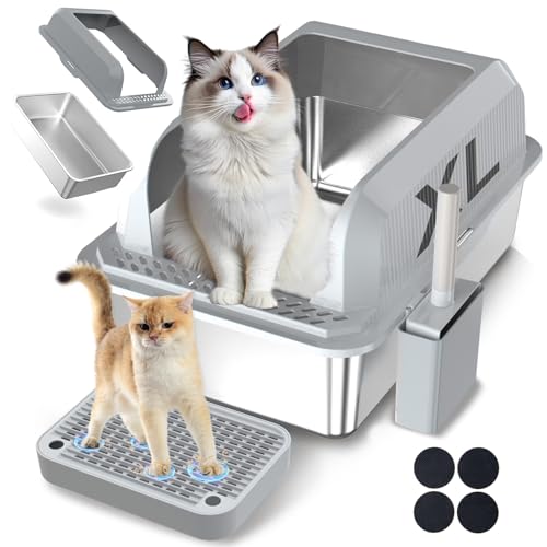 28L Edelstahl Katzenklo XXL Offen 60x40x30 cm mit Pedal & Schaufel, Auslaufsichere Katzentoilette Groß ohne Deckel für Große Katzen, Wohnzimmer Schlafzimmer (Hellgrau) von COOLYNX