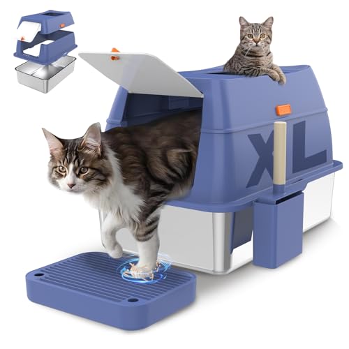 Geschlossenes XXL Edelstahl Katzenklo mit Deckel, leicht zu reinigen und geruchshemmend, mit hohem Rand, Zwei Eingänge vorne und Oben, Zwei Modi, inklusive Schaufel, Pedale für große Katzen (blau) von COOLYNX