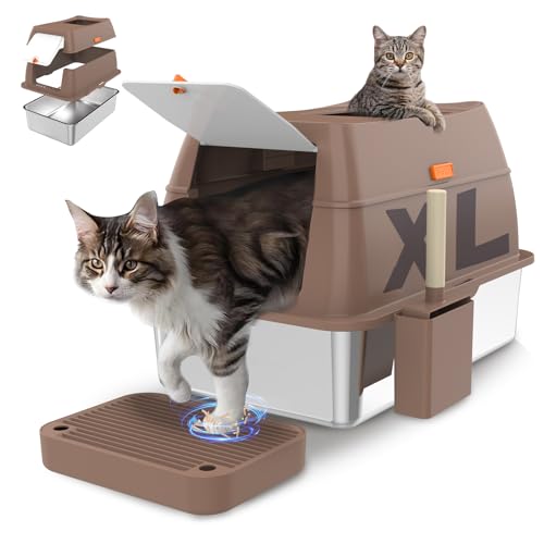 Geschlossenes XXL Edelstahl Katzenklo mit Deckel, leicht zu reinigen und geruchshemmend, mit hohem Rand, Zwei Eingänge vorne und Oben, Zwei Modi, inklusive Schaufel, Pedale für große Katzen (braun) von COOLYNX