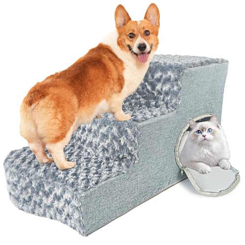 Hundetreppe 3-stufig mit Katzen-Schlafnische und Hunderampe. rutschfeste Treppe aus hochdichtem Schaum für kleine/mittlere Hunde, leicht zu reinigen von COOLYNX