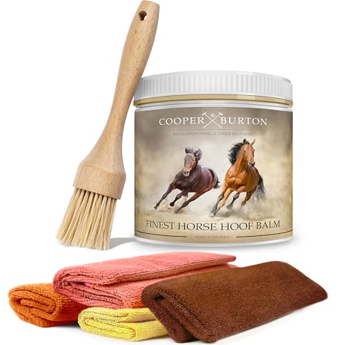 COOPER & BURTON Hufbalsam für Pferde | Hufpflege mit natürlichen Ölen für gesunde Hufe 500ml | Schützt vor Rissen | Intensive Pflege für Pferdehufe (Hufbalsam 500ml + Pinsel + 4X Mikrofasertücher) von COOPER & BURTON