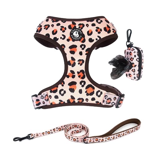 Coowone Hundegeschirr und Leine Set mit Kotbeutelspender – weiches Netzgewebe, verstellbar und kein Ziehen Hundegeschirr für kleine,68.6 cm), OrangeLeopard) von COOWONE