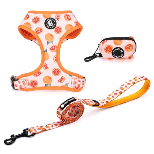 Hundegeschirr und Leine, Kotbeutelhalter, 3 Sets, verstellbares Hundegeschirr für Welpen, Katzen, mit weichem Netz-Polsterung, Haustierbedarf für kleine und mittelgroße Hunde (Grapefruit, XS von COOWONE