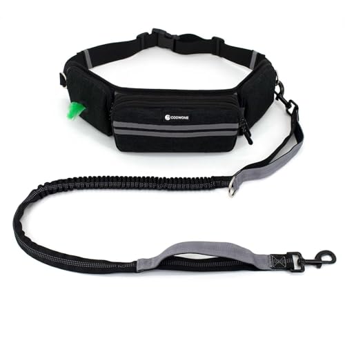 Leckerlitasche für Hunde, Bauchtasche für Hunde Zubehör-Leckerlibeutel mit Kotbeutelspender, reflektierende Bungee-Waist-Leine Für Gassi, Wanderungen & Hundetraining (Schwarz,Mit 1 Hundeleine) von COOWONE