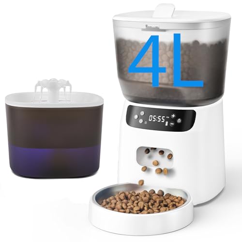 Automatischer Katzenfutterspender und Wasserbrunnen, 4L/16 Tassen Zeitgesteuerter Katzentrockenfutterspender, 10s Mahlzeitanruf, 20 Portionen 6 Mahlzeiten pro Tag, 2L Katzen Springbrunnen zum Trinken von CORGOTE