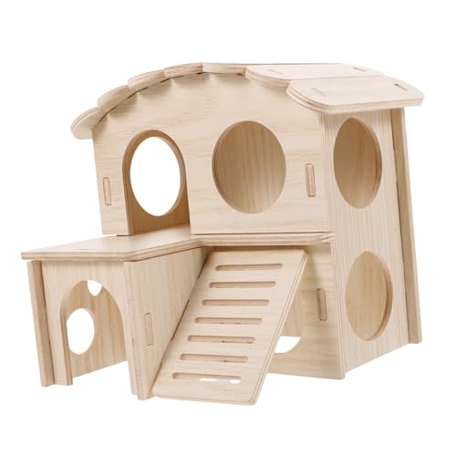 CORHAD Umweltfreundliches Kleines Holz Kleintierhaus mit Kreativem Treppendesign Doppellagiges Hamster Dachbodenversteck für Mäuse und Hamster Gesundes Spiel und Schlafhaus für Nagetiere von CORHAD