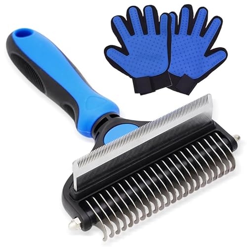 CORIMEI 2-in-1 Hunde-Pflegebürste und Fellpflege-Handschuhe, Kamm für Hunde, Enthaarungsunterwoll-Rechen, Tierhaar-Pflegebürste für lang- und kurzhaarige Hunde oder Katzen (groß, blau) von CORIMEI