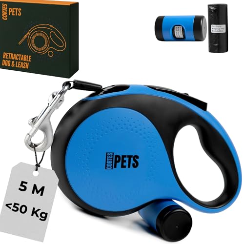 CORTESPETS® Hundeleine, ausziehbar mit Kotbeutel 5m bis 50 kg. Hundeleine für große Hunde. Rollleine 5m. Flexible Ausziehleine für kleine, mittelgroße und große Hunde mit bequemem Griff. Farbe: Blau. von CORTES PETS