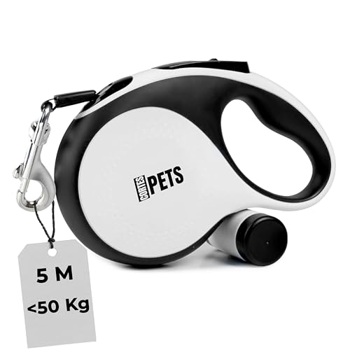 CORTESPETS® Hundeleine, ausziehbar mit Kotbeutel 5m bis 50 kg. Hundeleine für große Hunde. Rollleine 5m. Flexible Ausziehleine für kleine, mittelgroße und große Hunde mit bequemem Griff. Farbe: Weiß von CORTES PETS