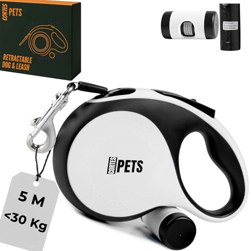 CORTESPETS® Hundeleine ausziehbar mit Kotbeutel, 5 m Länge, bis 30 kg. Perfekt für große, kleine und mittelgroße Hunde. Rollleine für Hunde. Weiß von CORTES PETS