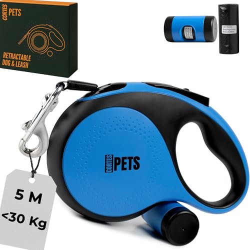 CORTESPETS® ausziehbare Hundeleine 5m, für Hunde bis 30 kg | Rollleine mit Kotbeutelhalter | Ideal für große und kleine Hunde, mit bequemem Griff | Hundeleine mit verhedderungsfreiem Design,Blau von CORTES PETS
