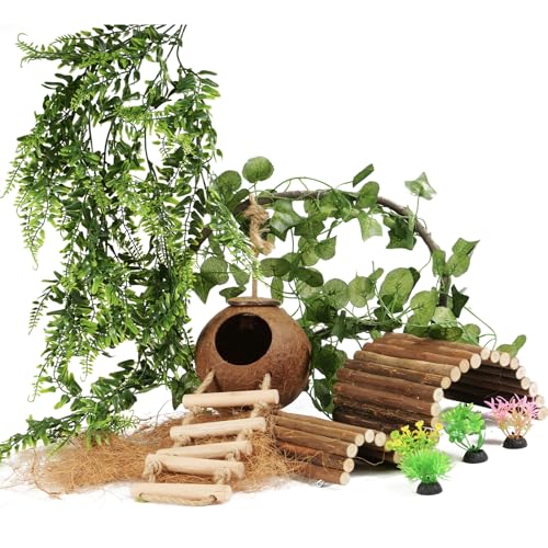 Bartagamen-Tankzubehör, Reptilienpflanzen, Brückenreben, Kokosnussschale mit Leiter für Eidechse, Chamäleon-Käfig, Schlangen, Einsiedlerkrebse, Leoparden-Gecko-Tankzubehör, Terrarium-Dekoration, 10 Bartagamen-Tankzubehör, Reptilienpflanzen, Brückenreben, Kokosnussschale mit Leiter für Eidechse, Chamäleon-Käfig, Schlangen, Einsiedlerkrebse, Leoparden-Gecko-Tankzubehör, Terrarium-Dekoration, 10 von COSOC