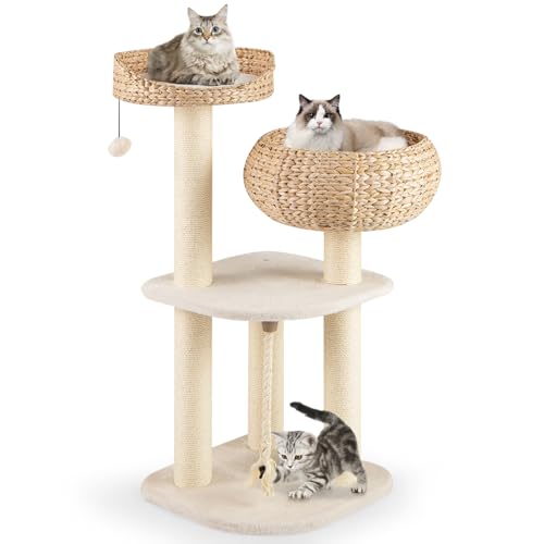 COSTWAY 104cm Kratzbaum, Katzenbaum klein, Katzenkratzbaum mit Sitzstange, Korb, Sisalpfählen, Sisalseil & Ball, Kletterbaum aus Rohrkolbenflaum, Aktivitätsbaum Katzenmöbel Katzen (Beige) von COSTWAY