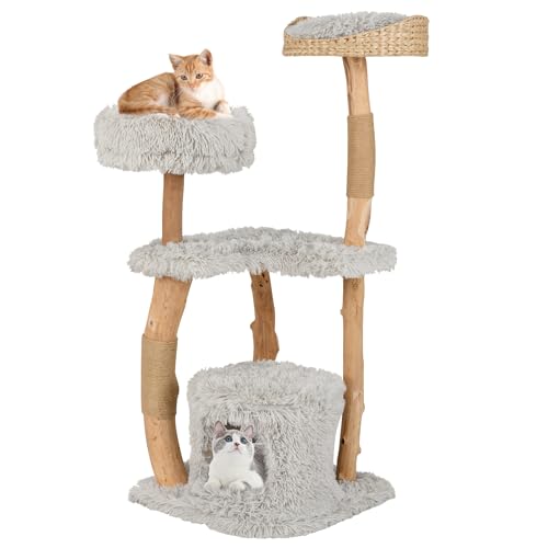 COSTWAY 124cm Kratzbaum Holz, Katzenbaum mit Katzenhöhle & Plüschsitzfläche & Sitzplattform, Katzenturm mit Kratzpfosten aus Jute, Katzenmöbel Massivholz, Katzenkratzbaum Kletterbaum Katzen, Grau von COSTWAY