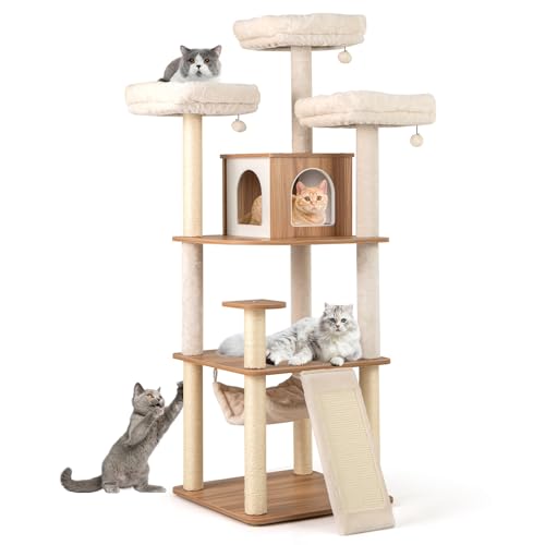 COSTWAY 168cm Kratzbaum Holz, mehrstöckiger Katzenkratzbaum Groß, Katzen Katzenbaum mit Höhle, Leiter, Matten, Bällen & Hängematte, Aktivitätsbaum Katzenmöbel Spielhaus Kletterbaum, Beige+Natur von COSTWAY