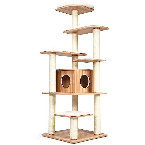 COSTWAY 175cm Kratzbaum Holz, 6-stufiger Katzenkratzbaum Groß, Katzen Spielhaus mit Höhle und 5 Matten, Aktivitätsbaum Katzenmöbel Kletterbaum Katzenhaus, Katzenbaum Beige+Natur von COSTWAY