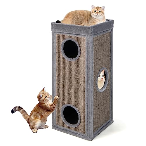 COSTWAY 4-stöckige Katzentonne, Kratzbaum mit Kratzbrett, 3 Katzenhöhlen & Kissen, Spieltonne für Katzen bis 25 kg, Katzenkratzbaum mit Höhlen, Katzenhaus Katzenmöbel, 40 x 40 x 99 cm, Grau von COSTWAY