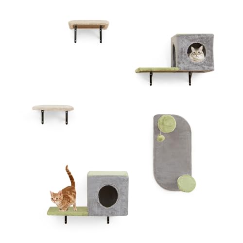 COSTWAY 5 PCS Kletterwand Katzen, Kratzbaum mit Ball & Kratzpfosten, 2 Katzenhöhle, 2 Plattformen, Katzenbaum Wand, Katzentreppe Kletterbaum Brücke, Katzenmöbel Grau von COSTWAY