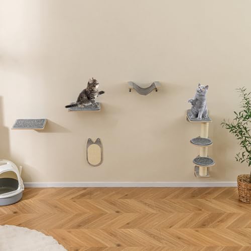 COSTWAY 5 PCS Kletterwand Katzen, Kratzbaum mit Plattformen | Kratzbrett | 2 Sitzstange mit abnehmbarem Kissen | Hängematte, Katzenbaum Wand, Katzentreppe Kletterbaum Holz, Natur+Grau von COSTWAY