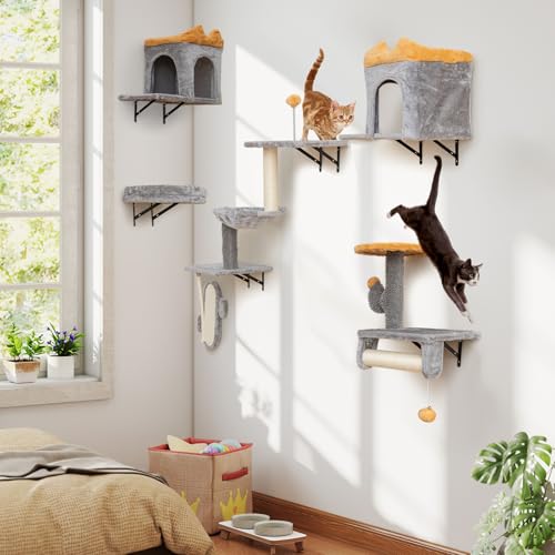 COSTWAY 6 PCS Kletterwand Katzen, Kratzbaum mit Ball & Plattformen, 2 Katzenhöhlen, 3-stöckiger Katzenturm mit Hängematte, 1 Bett & 1 Kratzbrett, Katzenbaum Wand, Katzentreppe Kletterbaum, Grau von COSTWAY
