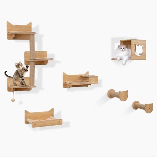 COSTWAY 6 PCS Kletterwand Katzen, Kratzbaum mit Plattformen, Napf, Katzenhaus, Hängematte, 2 Kratzpfosten & Ball, Katzenbaum Wand, Katzentreppe Kletterbaum Holz, Katzenmöbel Natur COSTWAY 6 PCS Kletterwand Katzen, Kratzbaum mit Plattformen, Napf, Katzenhaus, Hängematte, 2 Kratzpfosten & Ball, Katzenbaum Wand, Katzentreppe Kletterbaum Holz, Katzenmöbel Natur von COSTWAY