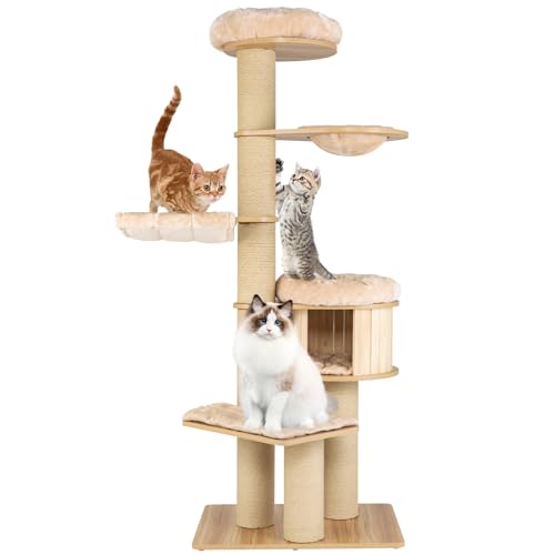 COSTWAY 6-stöckiger Kratzbaum Holz, 191cm Katzenbaum mit Hängematte & Katzenhöhle & Korbbett & Sisalpfosten, Katzenkratzbaum Groß, Katzen Katzenmöbel, Kletterbaum Aktivitätsbaum Spielbaum, Beige von COSTWAY