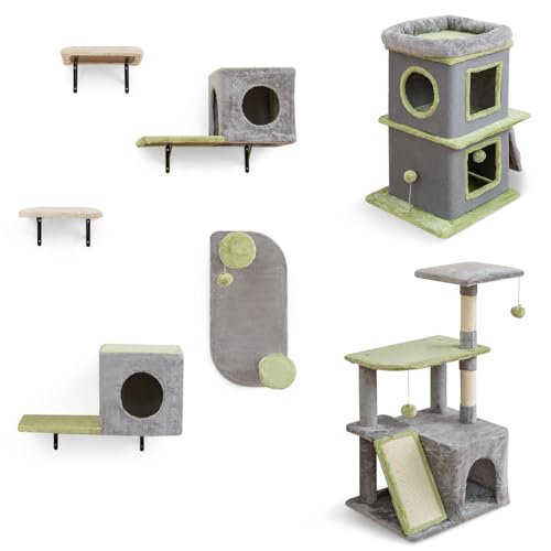 COSTWAY 7 PCS Kletterwand Katzen, 1 Kratzbaum mit Leiter, Höhle & Ball, Katzenhaus mit Liege & Kratzbrett, 2 Katzenhöhle, 2 Plattformen, Katzenbaum Wand, Katzentreppe Kletterbaum Katzenmöbel, Grau von COSTWAY