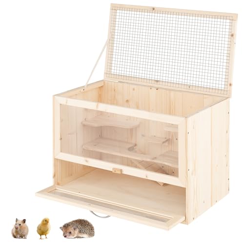 COSTWAY Hamsterkäfig Holz, Nagerkäfig mit Netz-Klappdeckel, Multi-Leitern Bereiche, Rampe, Acryl-Panel & abschließbare Tür, Kleintierkäfig Mäusekäfig 60 x 35,5 x 42 cm von COSTWAY