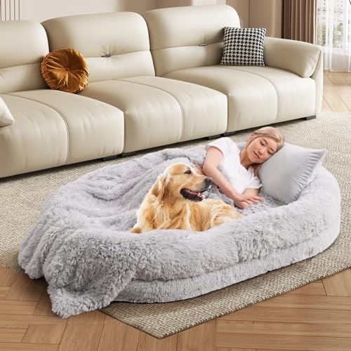 COSTWAY Hundebett für Menschen und Hunde, riesiges Human Dog Bed mit Kissen, Decke, Riemen, flauschig | waschbar | Abnehmbarer Bezug, Haustierbett für große Hunde Erwachsene, 171x115cm, Oval (Grau) von COSTWAY