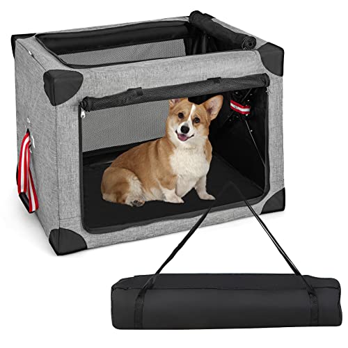 COSTWAY Hundebox faltbar klappbar, Transportbox Hunde Katzen, bis 20kg, Tragbare Hundekiste mit abnehmbarem Pad & Tasche, Katzenbox aus Oxford-Gewebe & Metallrahmen, Grau+schwarz (L-80 x 59 x 59 cm) von COSTWAY