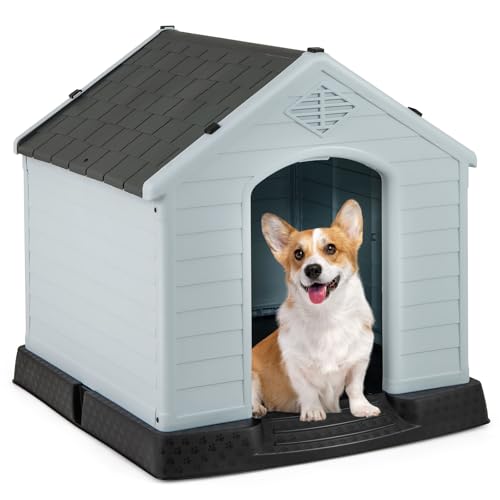 COSTWAY Hundehütte, Hundehaus aus Kunststoff, Hundehöhle mit Erhöhtem Boden & Wasserfestem Dach, Haustierhütte Hundehöhle, für Garten Drinnen Draußen (70x65x71,5cm-Grau) von COSTWAY