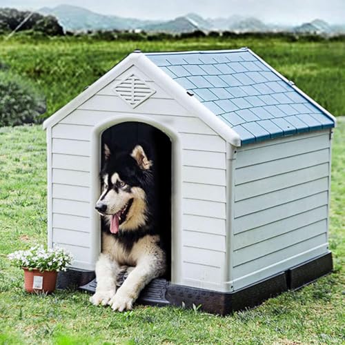 COSTWAY Hundehütte, Hundehaus aus Kunststoff, Hundehöhle mit Erhöhtem Boden & Wasserfestem Dach, Haustierhütte Hundehöhle, für Garten Drinnen Draußen, Blau+Weiß (70x65x71,5cm) von COSTWAY