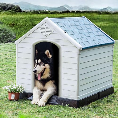 COSTWAY Hundehütte, Hundehaus aus Kunststoff, Hundehöhle mit Erhöhtem Boden & Wasserfestem Dach, Haustierhütte Hundehöhle, für Garten Drinnen Draußen, Blau+Weiß (87,7x78,5x81,5cm) von COSTWAY