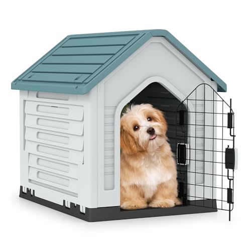 COSTWAY Hundehütte Outdoor, wetterfestes Hundehaus mit abschließbarer Metalltür, Belüftungsschlitzen, geneigtem Dach, Haustierhaus für kleine Hunde & Katzen, Hundekäfig für Indoor (Blau) von COSTWAY