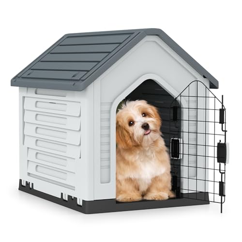 COSTWAY Hundehütte Outdoor, wetterfestes Hundehaus mit abschließbarer Metalltür, Belüftungsschlitzen, geneigtem Dach, Haustierhaus für kleine Hunde & Katzen, Hundekäfig für Indoor (Grau) von COSTWAY